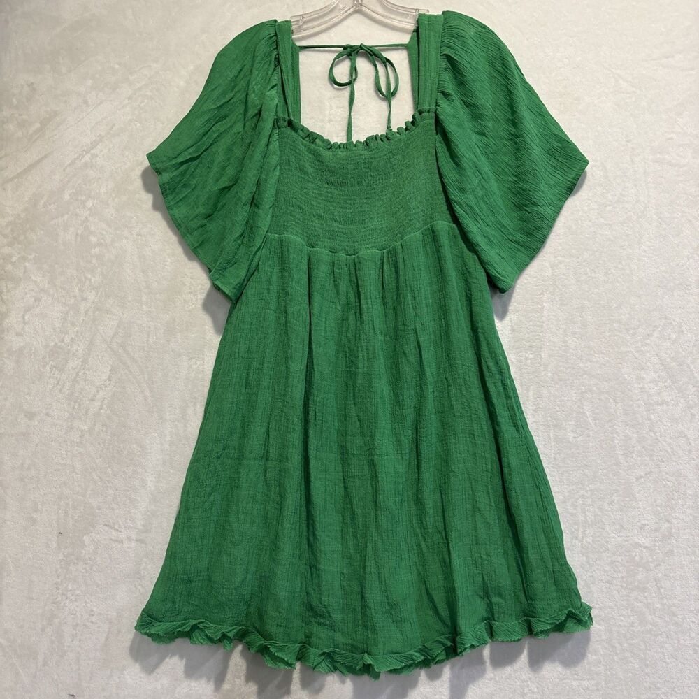 Umgee Dress Smocked Square Neck Flutter Sleeve Raw Ruffle Hem Flowy Green Small
